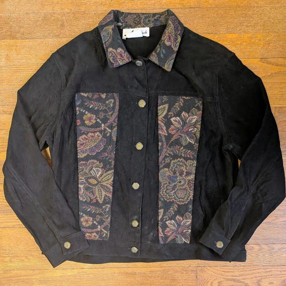 1990s N Touch Black Faux Suede Tapestry Patchwork Jacket Size Medium